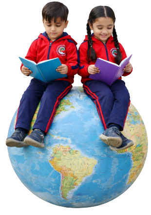 Students reading on globe